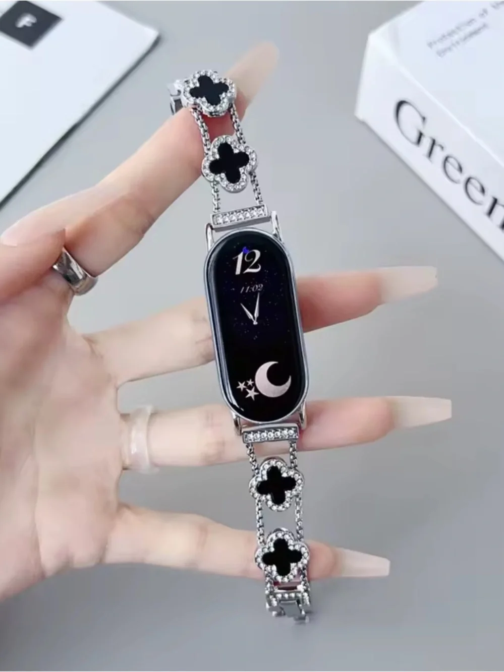 Xiami mi band Silver Black Crystal Clover Bracelet Watch Band